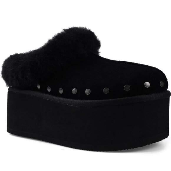 Candie's Sabi Faux Fur Platform Mule Clogs Size 7 Black Suede Studs NEW - Picture 2 of 14